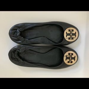 Tory Burch Black Ballet Flats with Gold Emblem